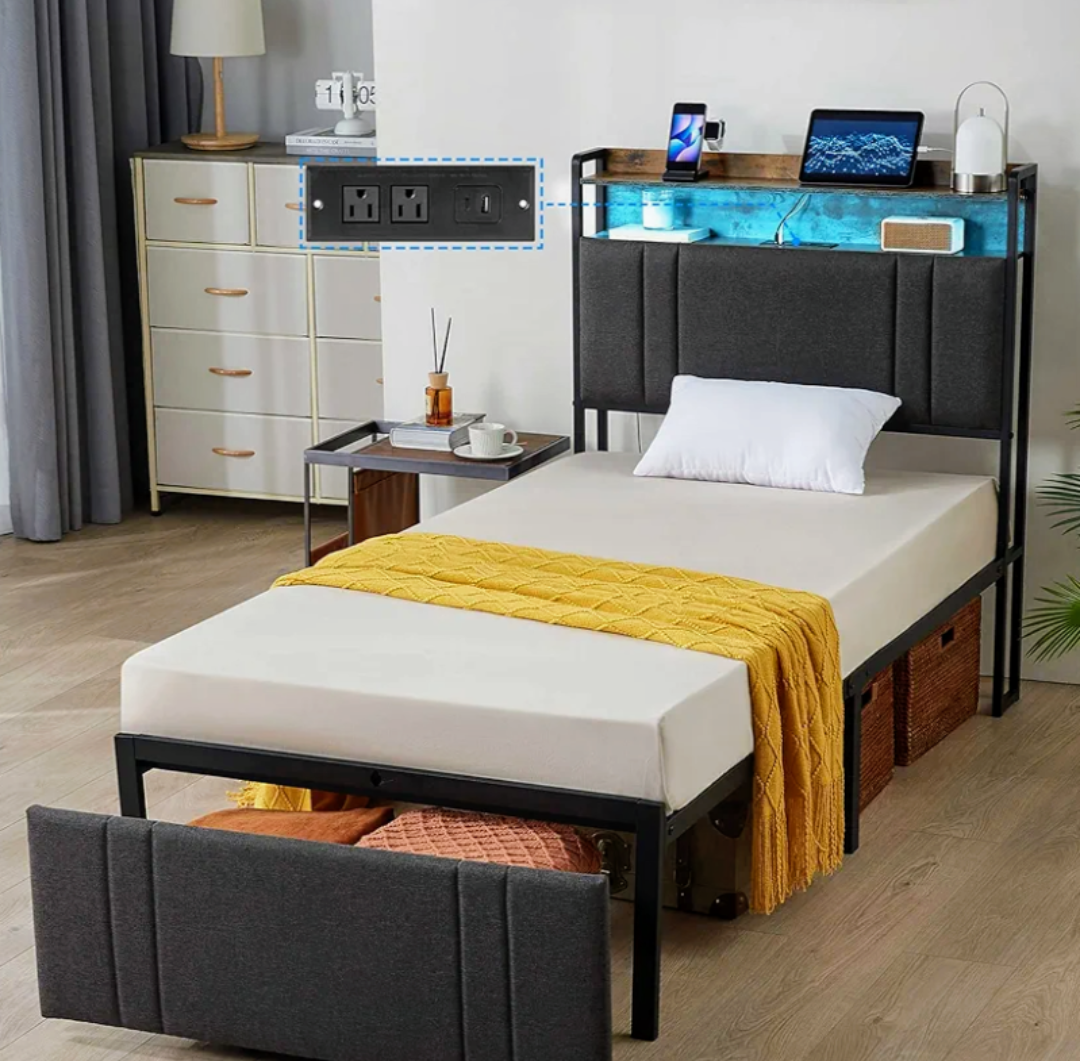 Z-hom Twin Size Bed Frame with Storage Drawer, Upholstered Platform Bed Frame Headboard with 2-Tier Storage Shelves, USB Charging Station and LED Lights, No Box Spring Needed, Noise-Free, Grey, Missing parts/accessories