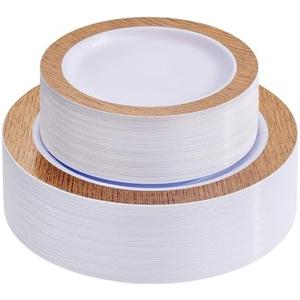 I00000 102 Pcs Wood Grain Brown Plastic Plates, Brown Party Plates Premium Plastic Disposable Plate Disposable Include 51 Dinner Platos 10" & 51 Dessert Platos 7", Elegant Wood Grain Design for Party