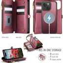 Defencase for iPhone 15 Magnetic Wallet Case Compatible with Magsafe with RFID Blocking Zipper & Card Holder for Women Men, PU Leather Strap Detachable Phone Case for iPhone 15 (6.1 inches), Wine Red