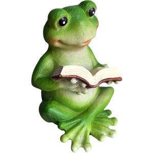 KiaoTime Green Resin Frog Statue Reading Book Outdoor Contemporary Animal Sculpture Decoration
