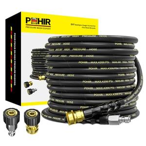 POHIR Pressure Washer Hose 50 ft with 3/8 Inch Quick Connect, Kink Resistant High Tensile Wire Braided,with 2 pcs M22 14mm Adapter Set, 4200 PSI Power Washer Hose