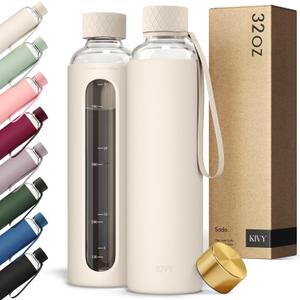 KIVY Glass Water Bottle with Silicone Sleeve 32 oz [WITH MEASUREMENT] - Borosilicate Glass Water Bottle Screw Top - Clear Bottles with Measurement Marking - Slim Waterbottle Aesthetic - Cream White