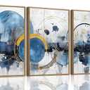 OIQArtOIQ 3 Piece Large Abstract Canvas Wall Art For Living Room Blue and Gold Framed Wall Art Modern Aesthetic Minimalist Art Prints Artwork For Bedroom Office Dining Room 16x24 in