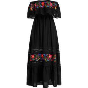 Mexican Dress for Women Traditional Off Shoulder Embroidered Present Casual Lace Long Maxi Dress Cinco de Mayo Outfit (XX-Large, Black)