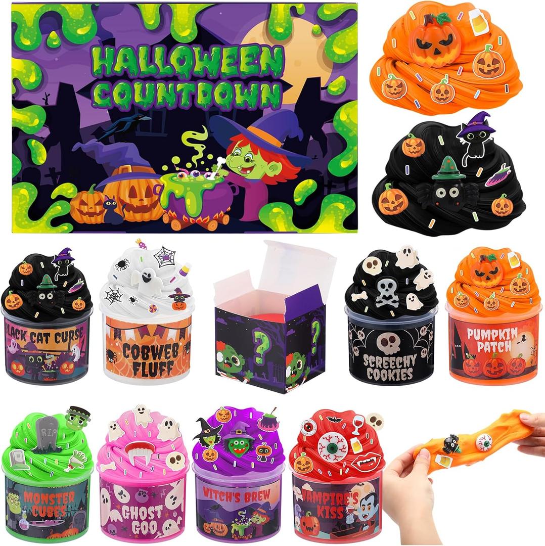 Blosssound Halloween Putty Toys Advent Calendar 2025 Halloween Countdown Goodie Bag Stuffers Fillers Gifts for Kids Party Favors with 8 Pack Butter Putty Toys Charms Add Ins Holiday Prizes Trinkets