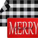 Geelin 2 Pcs Christmas Door Mat Outdoor Merry Christmas Front Door Mats Buffalo Checkered Rug (30'' x 18'' and 43'' x 27.5'') for Home Entrance Indoor Outdoor Decorative Coir Rugs