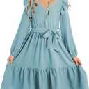 blibean Teen Girls Fall Dress Kids Semi Formal Lace Smocked Long Sleeve Dresses Size 6-15 Years (Blue, XL)