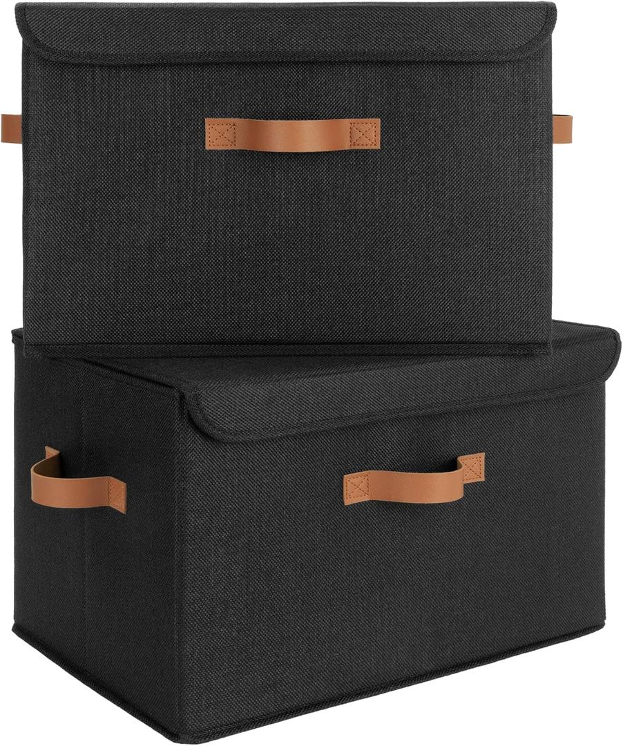 GRANNY SAYS Black Storage Bins with Lids, Decorative Storage Boxes with PU Handles, Linen Closet Organizer, Storage Baskets for Shelves, Fabric Storage Bins for Clothes, Extra Large