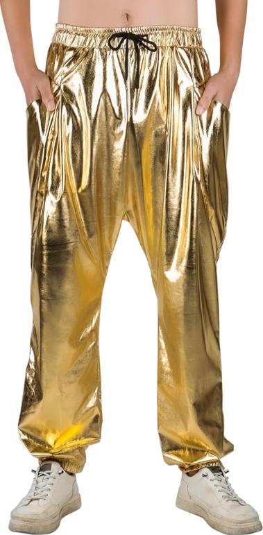 Mens Metallic Pants Disco Outfit Drawstring Waistband Rave Trousers Sequin Joggers with Pockets (Large, Gold Metallic)