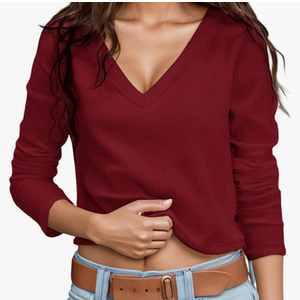 V Neck Long Sleeve Shirts for Women Trendy Going Out Crop Top Sexy Casual Loose Fit Ribbed Knit Shirt Size L