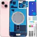 15 Plus Back Glass Replacement for iPhone 15 Plus Rear Back Cover Glass with Waterproof and Camera Lens+Professional Repair Tool Kit (Pink)