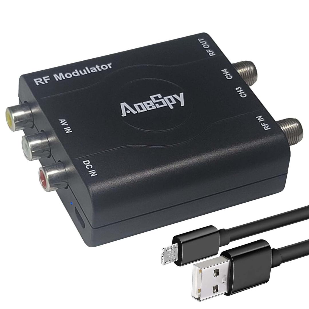 RCA RF Coaxial Modulator VHF Converter CVBS Adapter w/Channel 3/4 Switch for DVD Blu-ray Player DVR VCRs Satellite Set-top Cable Box PS2 PS3 PS4 Xbox 360 WII NS AV Video to F Type Analog Coax NTSC TV