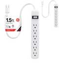 GE 6Outlet Power Strip, 2 Pack, 1.5 Ft Extension Cord, Heavy Duty Plug, Grounded, Integrated Circuit Breaker, 3Prong, Wall Mount, ETL Listed, White, 14833
