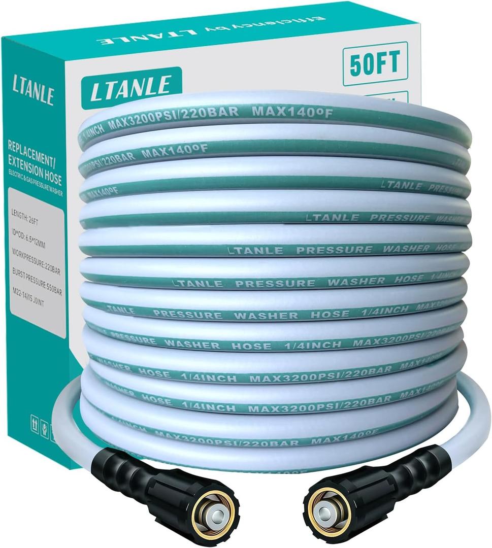 High Pressure Washer Hose 50 Feet 1/4 Inch, M22 Dual O-Ring Leak-Proof 3200 PSI Replacement Hose
