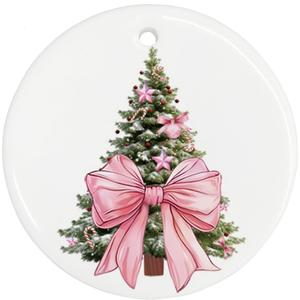 Pink Bow Christmas Tree Ceramic Ornament, Cute Holiday Decor, Feminine Christmas Ornament for Girls, Pink Themed Tree Decoration Gift