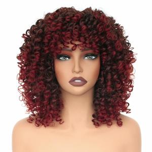 14 inch Afro Curly Wigs for Women, Short Loose Kinky Curly Wigs with Bangs for Black Women, Synthetic Afro Curls Hair 70s (Wine red)