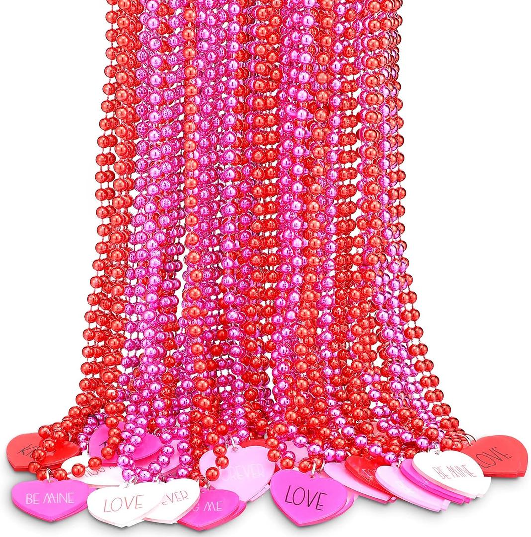 Ecally 24 Pcs Valentines Day Party Heart Shaped Beads Necklaces Pedant Red Pink Bead Necklace for Valentines Day Accessories Party Decorations
