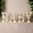 Realspring Baby Shower Sign Babe Marquee LED Letters Battery Operated Light up Centerpieces Glowing Home Table Party Decor for Boy Girl Gender Reveal Birthday, 8.26''(Eucalyptus Leaf Baby,Green)