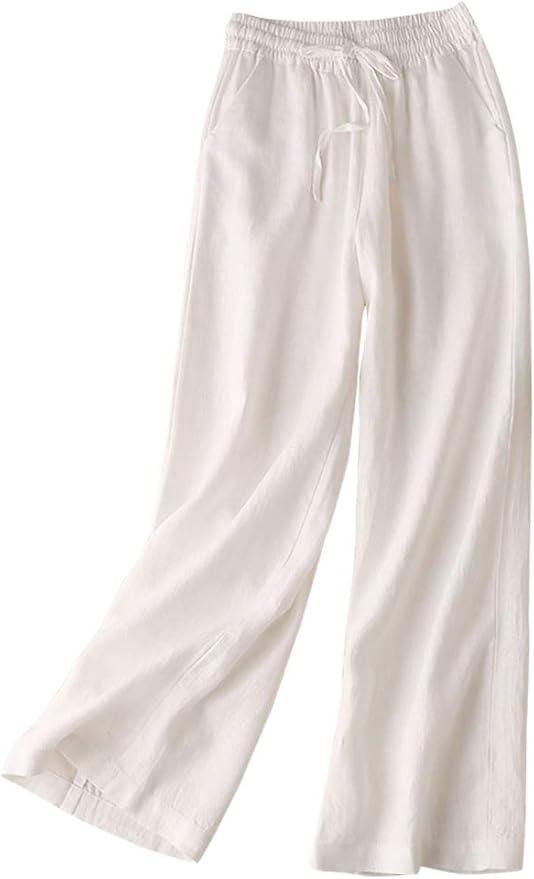 IDEALSANXUN Womens Linen Pants Spring Summer Straight Leg Loose Fit Beach Pants with Drawstring, M