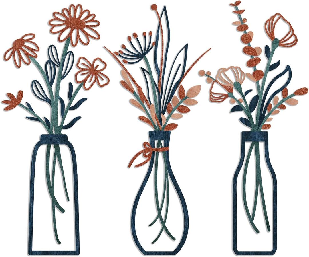 Pigort 3 Pieces Metal Flowers Wall Arts - Rustic Farmhouse Decor Minimalist Flower Wall Decors for Living Room Bathroom Bedroom Dining Room-Housewarming Gifts (Orange Blue)