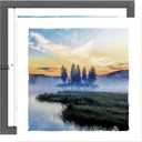 Lake Landscape Framed Wall Art: Modern Wilderness Boat Tree Scenery Foggy Mountain Picture Natural Sunset Sunrise Artwork Print Painting for Bedroom Living Room Bathroom Office, 12"L x 12"W