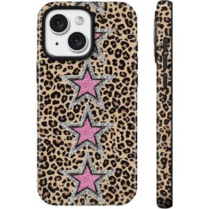 Lumen for iPhone 15 Case, Compatible with Magsafe, Hard Shell Cover with Camera Protection for Women Girls - Leopard Print Pink Glitter Stars Cheetah design Y2K Preppy Aesthetic Unique Festive