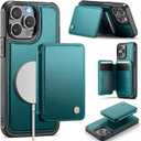 Compatible with Magsafe for iPhone 15 Pro Wallet Case Magnetic Card Holder, RFID Blocking 2 in 1 Detachable Kickstand Shockproof Case for Apple iPhone 15 Pro, Bluish Green