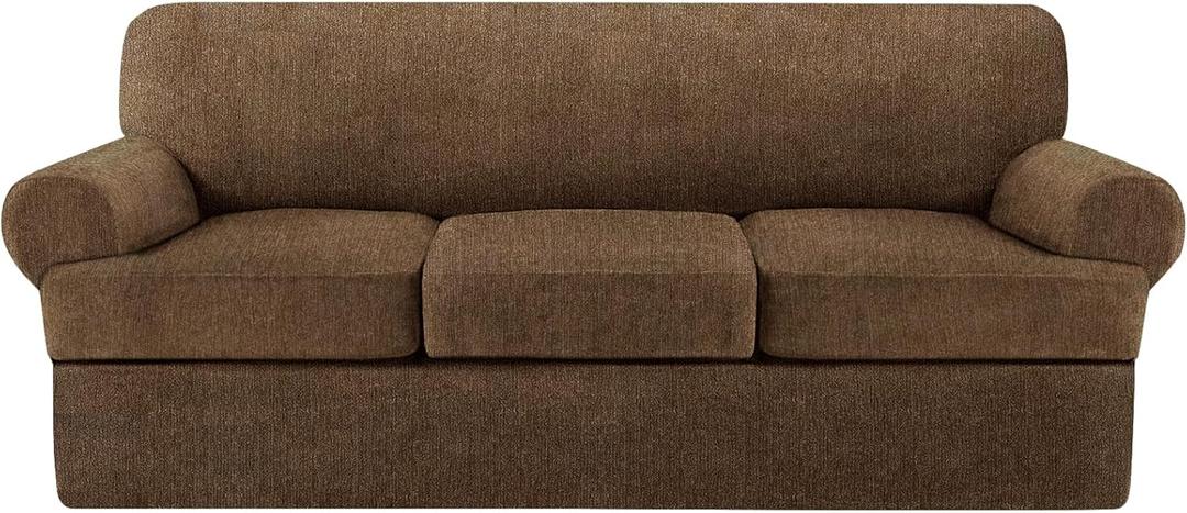 T Cushion Sofa Slipcover 4 Pieces Sofa Covers for T Cushion Couch Soft Sofa Slip Covers Furniture Protector with 3 Individual T Shape Seat Covers (Chocolate, 3 Cushions)