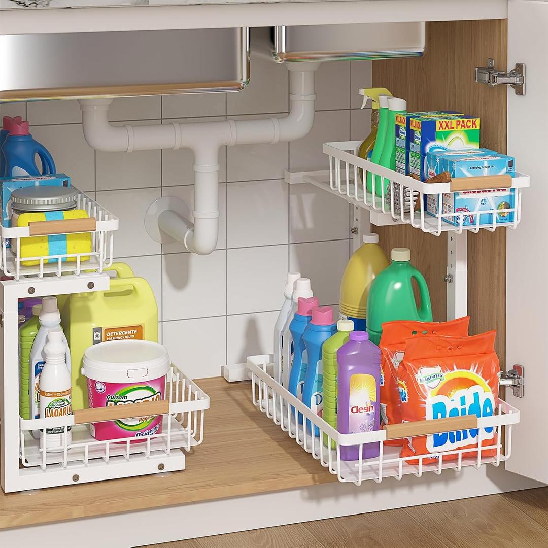 ADRIMER Under Sink Organizer 2 Packs, Pull Out Kitchen Sink Organizer, 2 Tier Slide Out Kitchen Organizers and Storage Bathroom Under Cabinet Storage Shelf, White