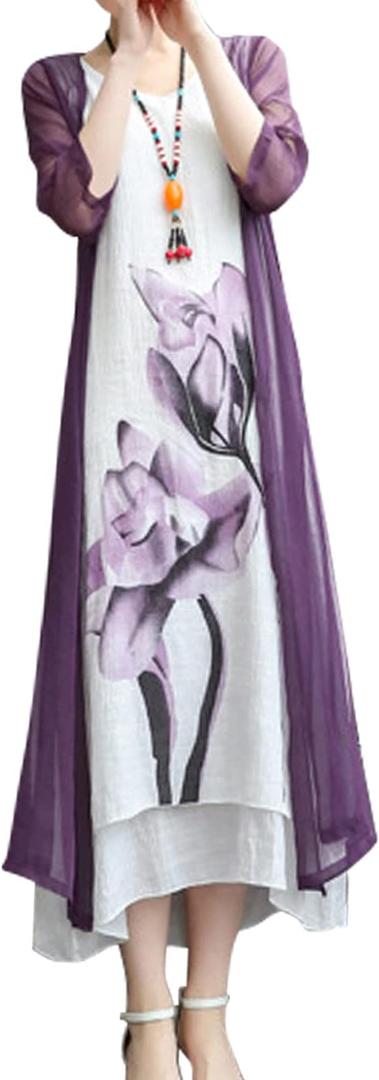 Honwenle Women's Linen Dress 2 Piece Outfit Floral Sleeveless Loose Maxi Summer Dresses with Jacket Formal Casual, Sizze2XL
