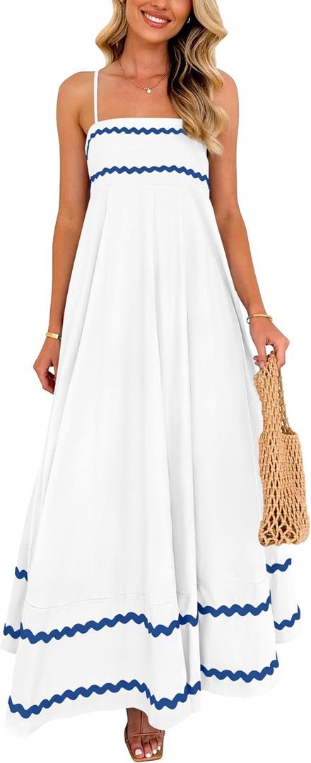 PRETTYGARDEN Women's 2026 Summer Flowy Maxi Dress Casual Sleeveless Spaghetti Strap Ruffle Beach Long Dresses (White, XL)