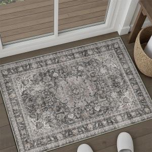 2x3 Washable Black Grey Vintage Area Rug for Entryway Non-Slip Low Pile Traditional Carpet Retro Distressed Vacuumable Door Mat Small Throw Rug for Entrance Bathroom