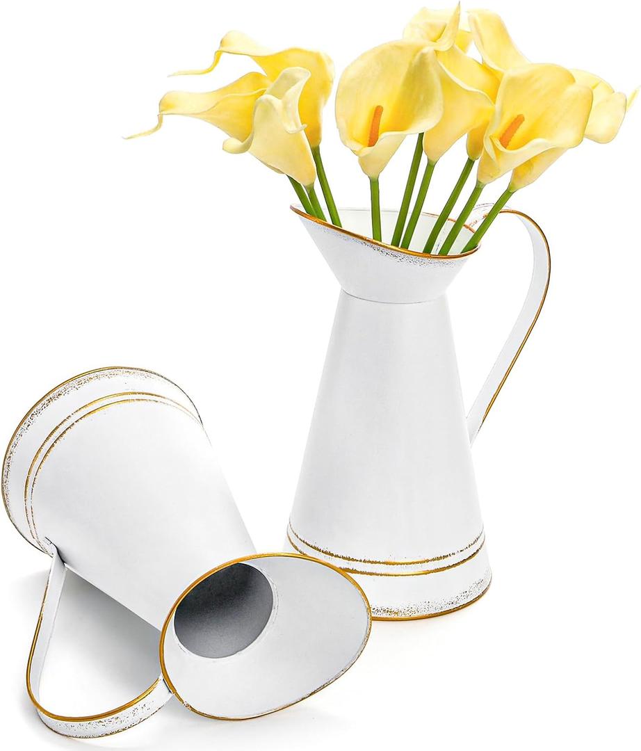 Elsjoy 2 Pack 9 Inch Metal Flower Vase, Galvanized White Flower Pitchers Shabby Chic Farmhouse Vase, Milk Jug Flower Vase for French Country Decor