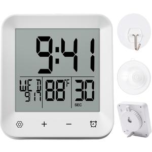 Waterproof Shower Clock with Timer, Bathroom Wall Clock Displaying Temperature, Date & Day, Battery Operated LCD Digital Clock for Bath, Kitchen (White)