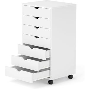 7 Drawer Mobile File Cabinet Under Desk Storage Organization with Wheels Vertical Filing Chest Rolling Wood Small Desk Printer Stand for Home Office, White
