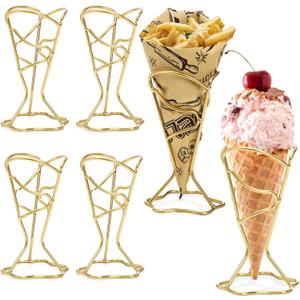 4 Pack Ice Cream Cone Holders, Single Metal French Fries Stands, Individual Waffle Pizza Charcuterie Cone Holder, Food Cone Display Stands for Kitchen Restaurant Party Supplies, Golden