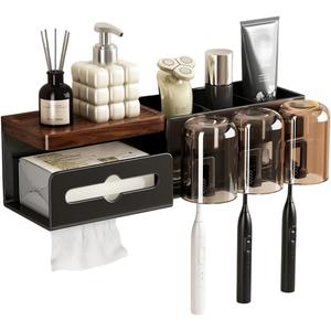 Wall Mounted Toothbrush Holder with 3 Cups, Bathroom Storage Organizer Rack with Tissue Box, No Drill Installation
