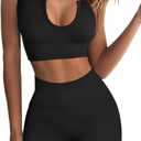 QINSEN Workout Outfits for Women 2 Piece Ribbed Seamless Crop Tank High Waist Yoga Leggings Sets (Large, 03 Black)