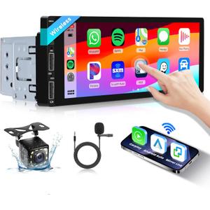 Podofo 6.86inch Single Din Radio with Wireless Carplay Android Auto,1280x480 HD Touch Screen 5.1 Bluetooth Car Stereo Audio Receivers with Airplay Mirror Link FM EQ Backup Camera 2 USB Phone Charging
