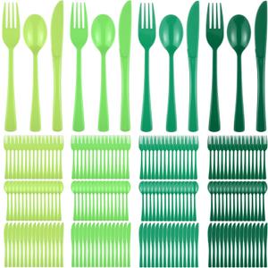 Minatee 180 Pcs Green Plastic Silverware Heavy Duty Cutlery Sets Disposable Utensils for Holiday Birthday Themed Party Supplies, 60 of Each Forks Knives Spoons