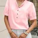 Cicy Bell Womens Puff Sleeve Tops Button Down Shirts Summer Casual Collared V Neck Cotton Blouse (Pink)