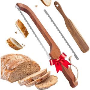 Coanto Bread Knife for Homemade Bread, Sourdough Bread Slicer with Ergonomic Wooden Handle & Sharp Serrated Blade, Includes Dough Mixing Spurtle Spatula for Baking Enthusiasts