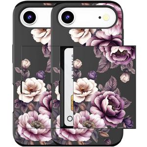 Compatible for iPhone 17 Air Case with Card Holder Cute - Kawaii Design Military-Grade Drop Protection Rugged Wallet Cases for Women (Black Pink Roses Flowers)