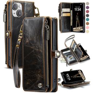 Defencase Compatible with iPhone 15 Case Wallet with RFID Blocking Card Holder for Women and Men, Fashion PU Leather Magnetic Snap Flip Zipper Strap Wallet Phone Case Fit for iPhone 15 6.1", Coffee