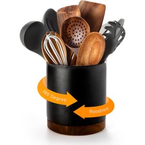 Nucookery 360Rotating Utensil Holder, 7.2" Kitchen Utensil Crock, Ceramic Cooking Utensil Organizer with Countertop-Protection Cork Bottom for Farmhouse Kitchen Decor Christmas (Stone Black)
