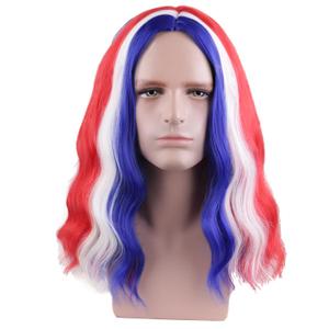 MAGQOO Red Blue White Wig for Men 4th of July Wigs Long Curly Wavy Red Blue White Wigs Middle Part American Flag Independence Day Costume Wig Synthetic Heat Resistant Cosplay