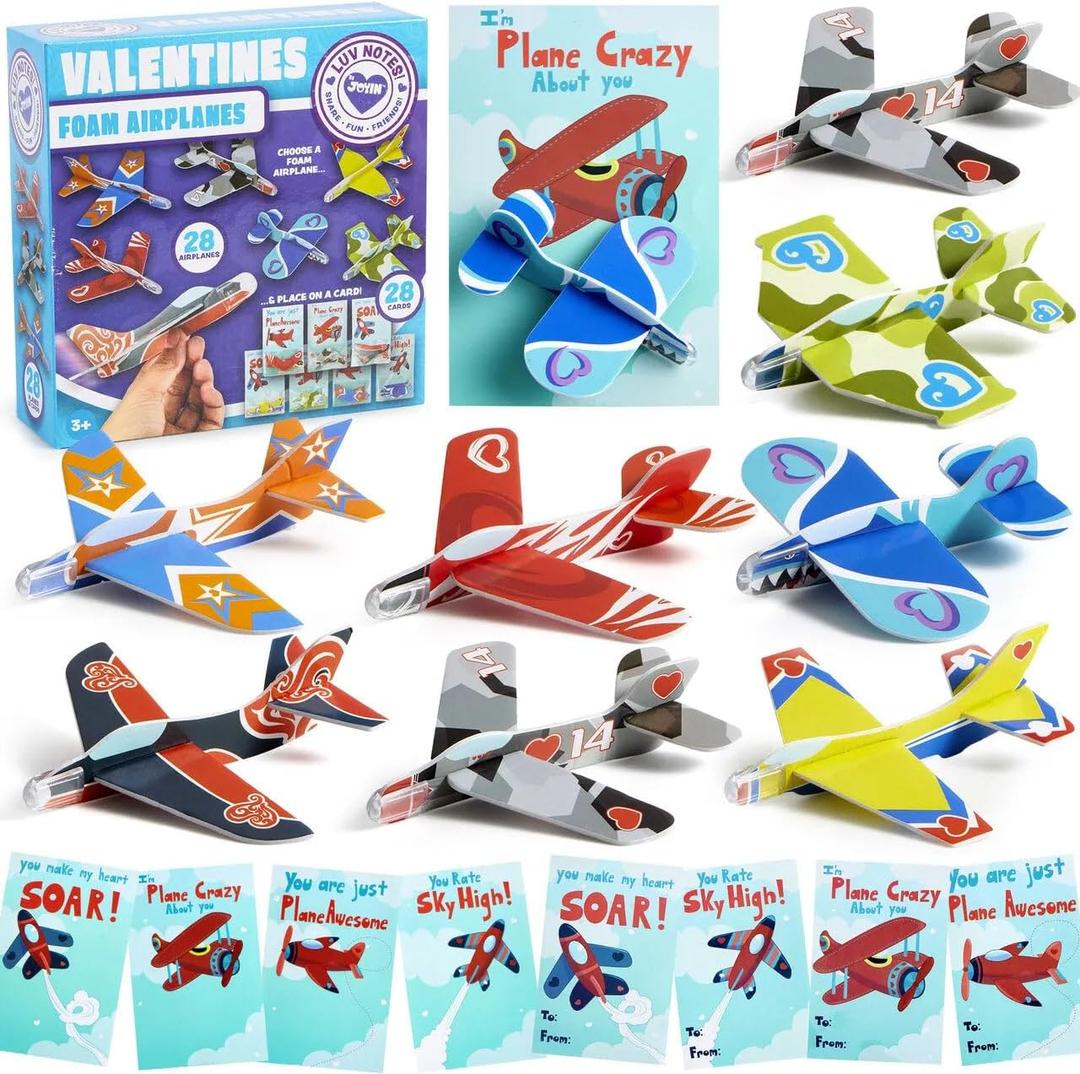 JOYIN 28 Pack Valentines Day Gifts Cards, Valentine's Greeting Cards for Kids with Foam Airplanes Classroom Exchange Party Favor Toy