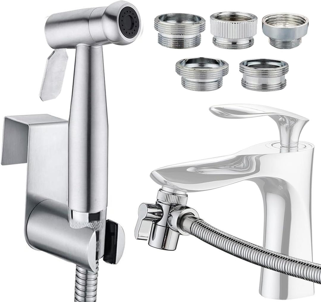 Sink Faucet Hose Sprayer Attachment with 5 Adapters - Dual Function Handheld Bidet - for Feminine Hygiene, Baby Diaper Cleaning & Pet Bathing