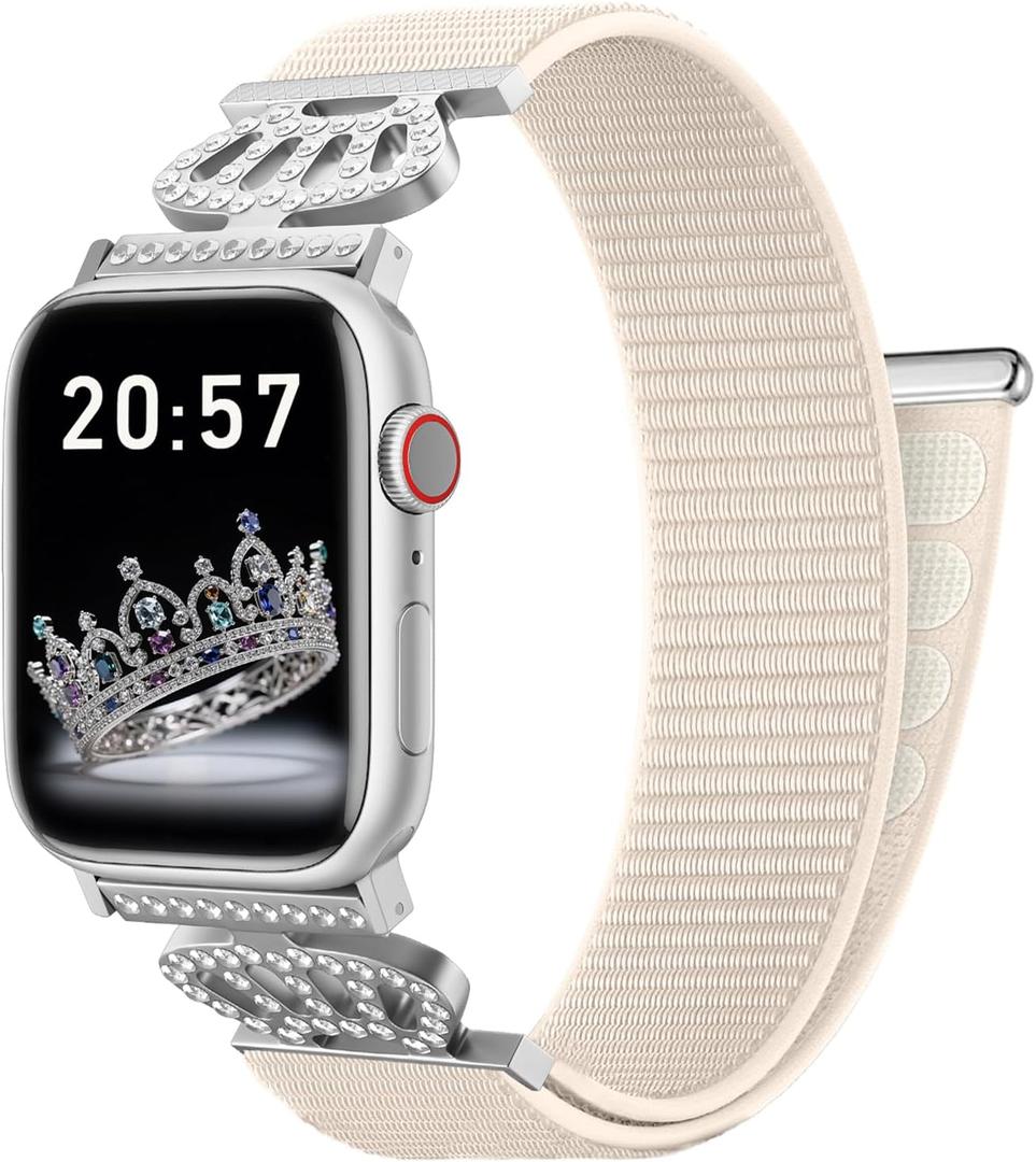 4 x Braided Stretchy Bands with Magnetic Clasp for Apple Watch Band 40mm 38mm 41mm 42mm 44mm 45mm 46mm 49mm, Bling Crown Designer Soft Nylon Sport Solo Loop for iWatch Series 10 9 8 7 6 5 4 3 Ultra 2 1 SE (HH-Starlight color)