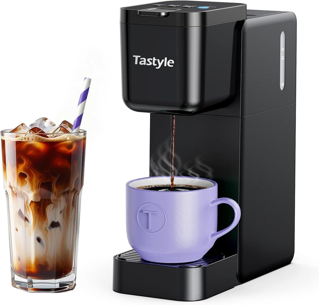 Tastyle Single Serve Coffee Maker Hot and Iced with Bold Brew, Small Coffee Machine for K Cup and Ground, Fits 7.3'' Travel Mug, Brews up to 16 Oz, 5 Cup Sizes, for Office, RV& Hotel, Elegant Black